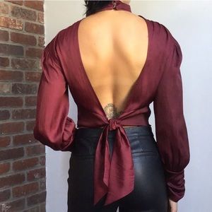 Backless wine colored bell sleeve blouse